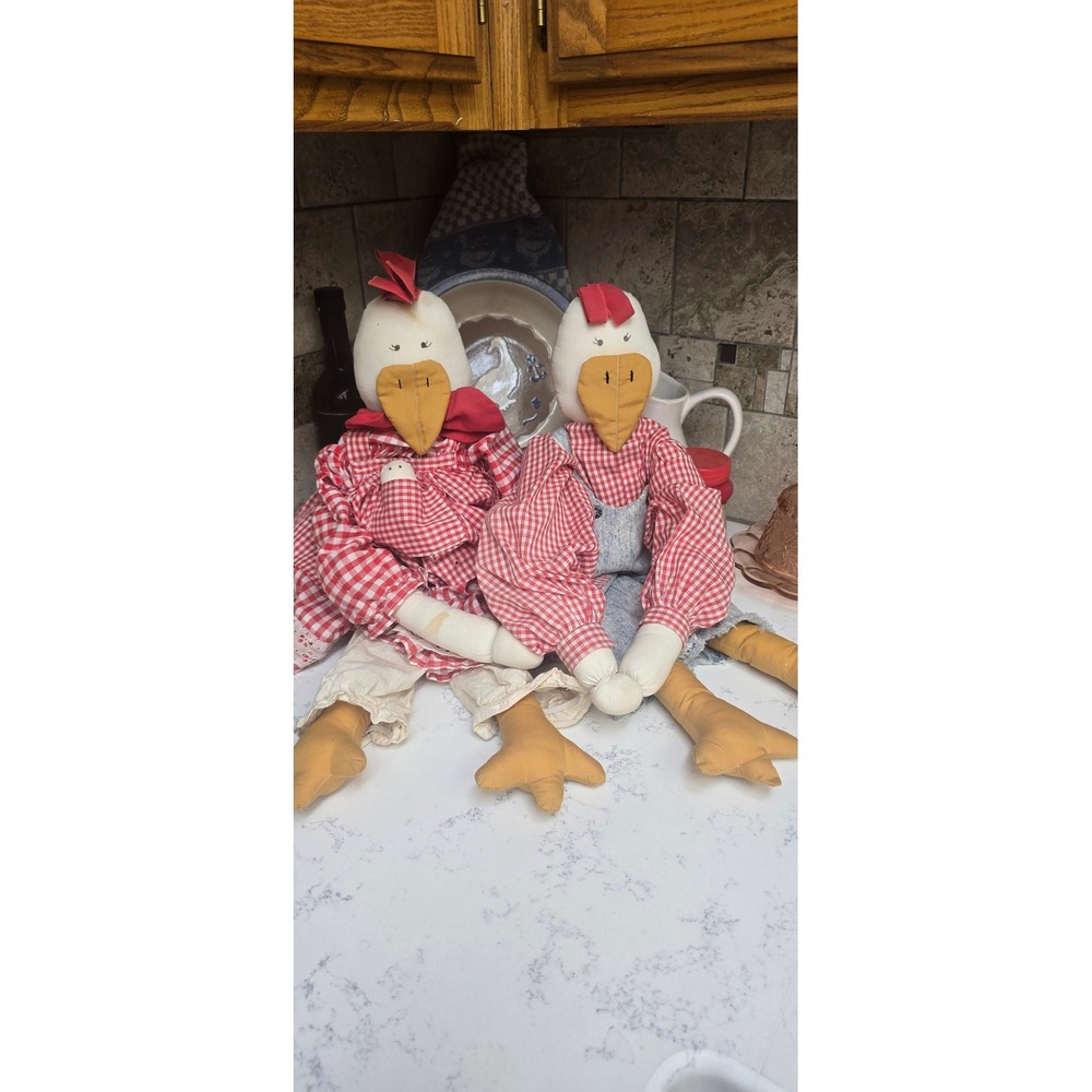 Vintage Primitive Cloth Chicken Dolls Farmhouse Country Decor Gingham Denim Pair